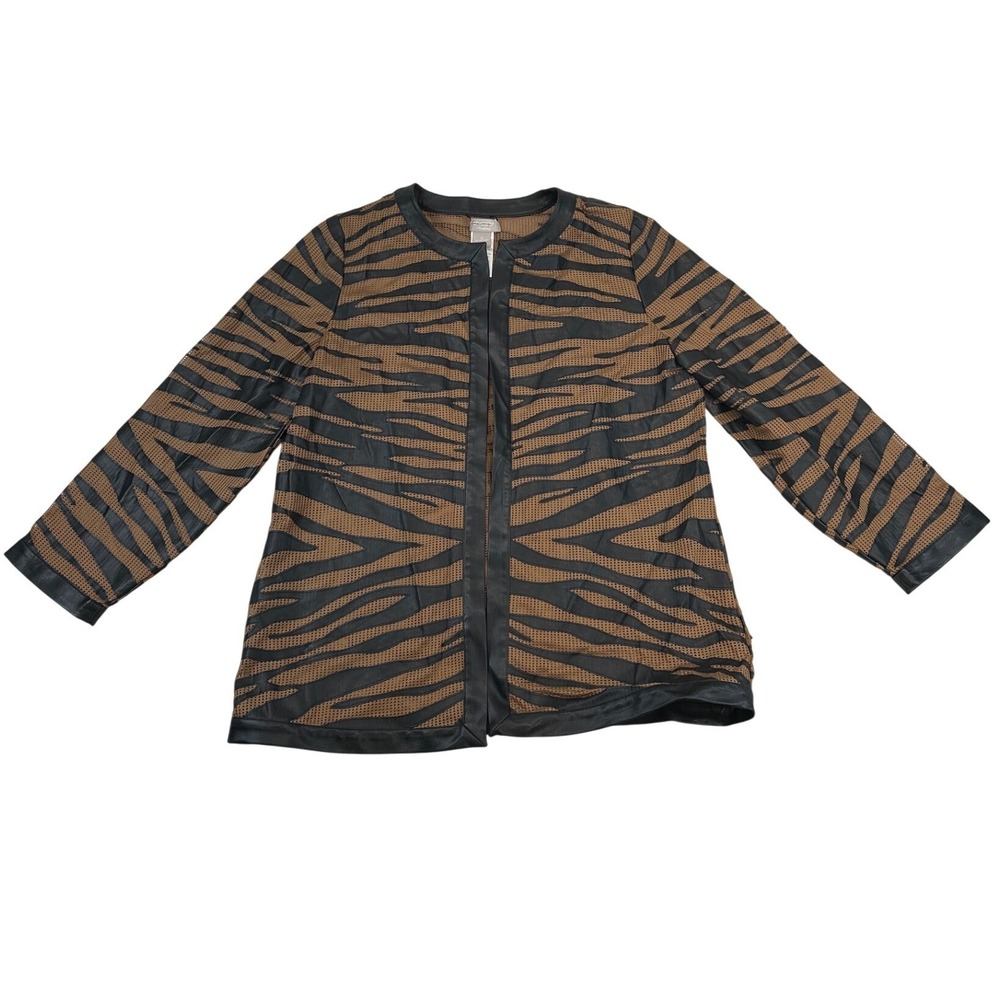 Chico's‎ Jacket Womens 2 Brown Black Tiger Stripe Faux Leather Mesh Travel Wear